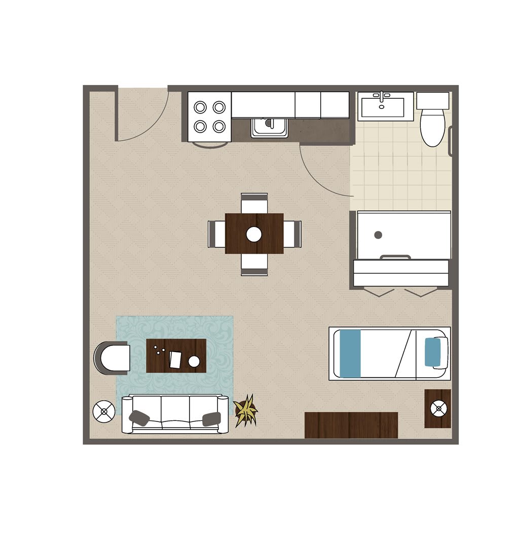 A studio apartment floor plan featuring a combined kitchen and living area, with a separate sleeping space and bathroom.