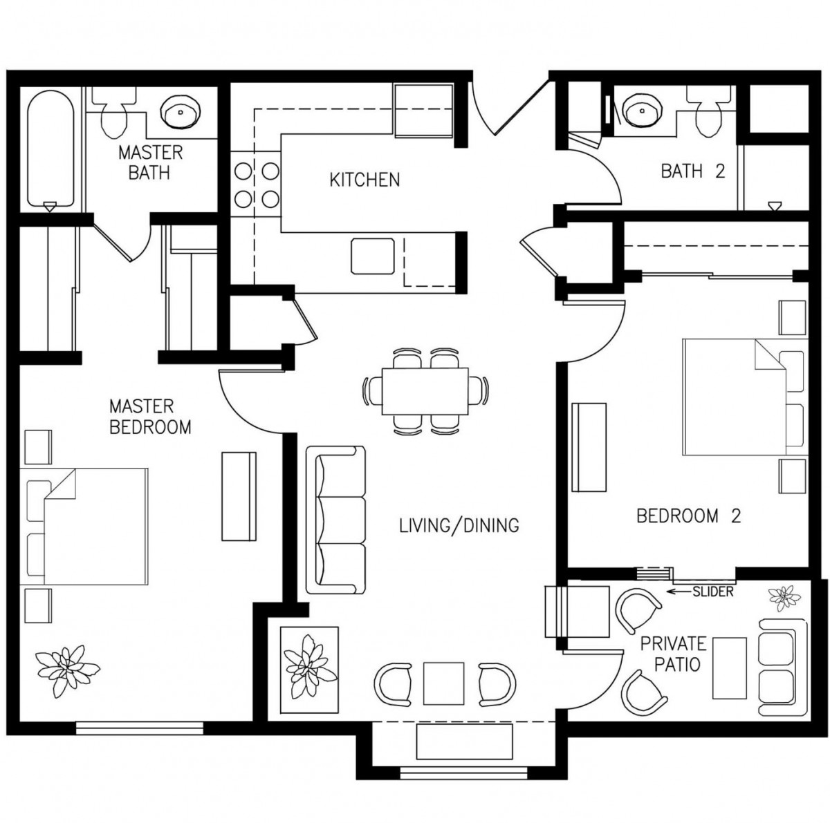 A floor plan depicting a two-bedroom apartment with a master suite, living area, dining space, and kitchen.