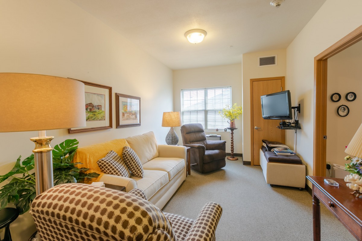 A cozy living room with modern furnishings, featuring a sofa, armchair, and a television.