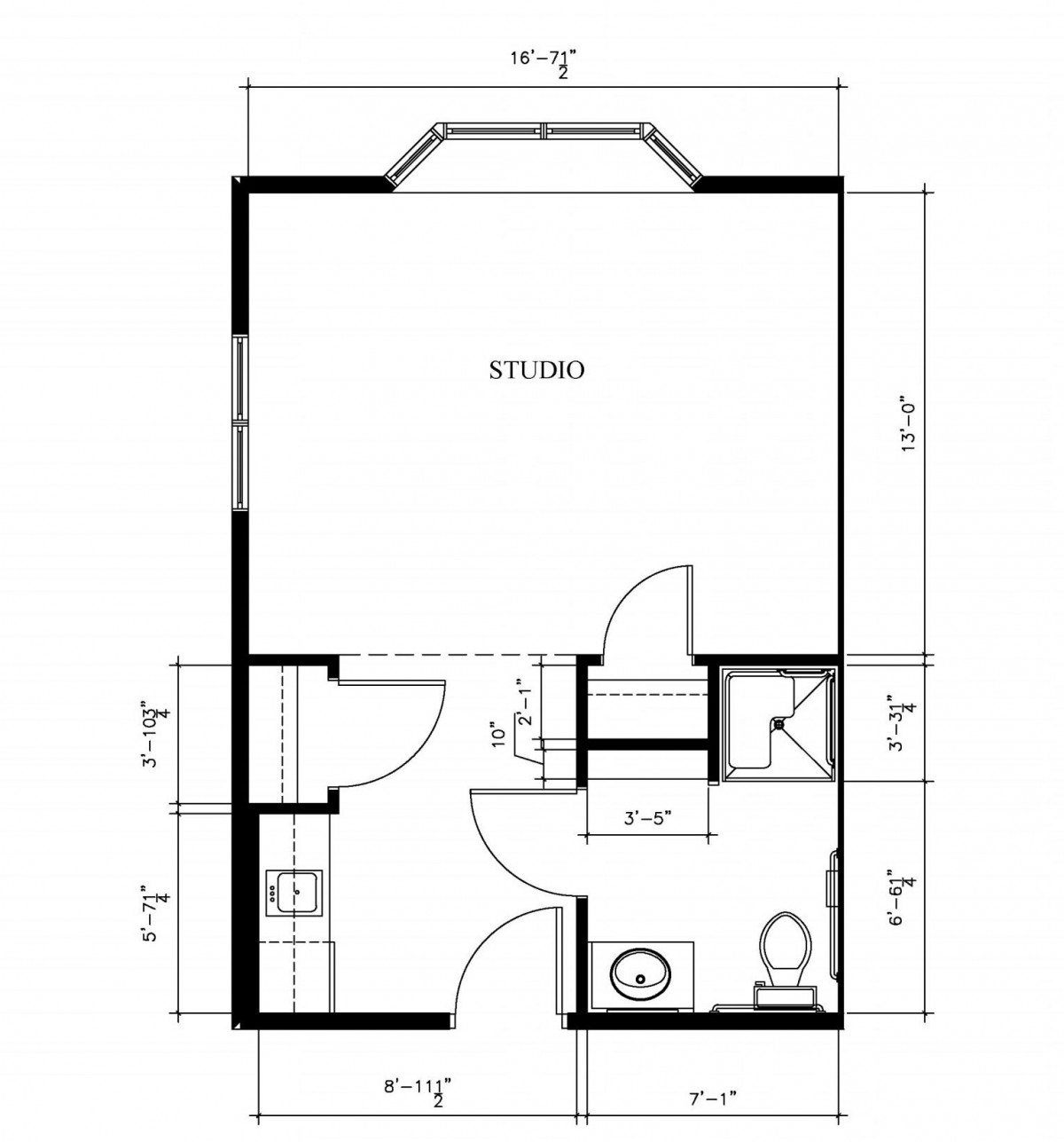 A detailed floor plan showing the layout of a small living space with labeled dimensions, including a main room, bathroom, and kitchen area.