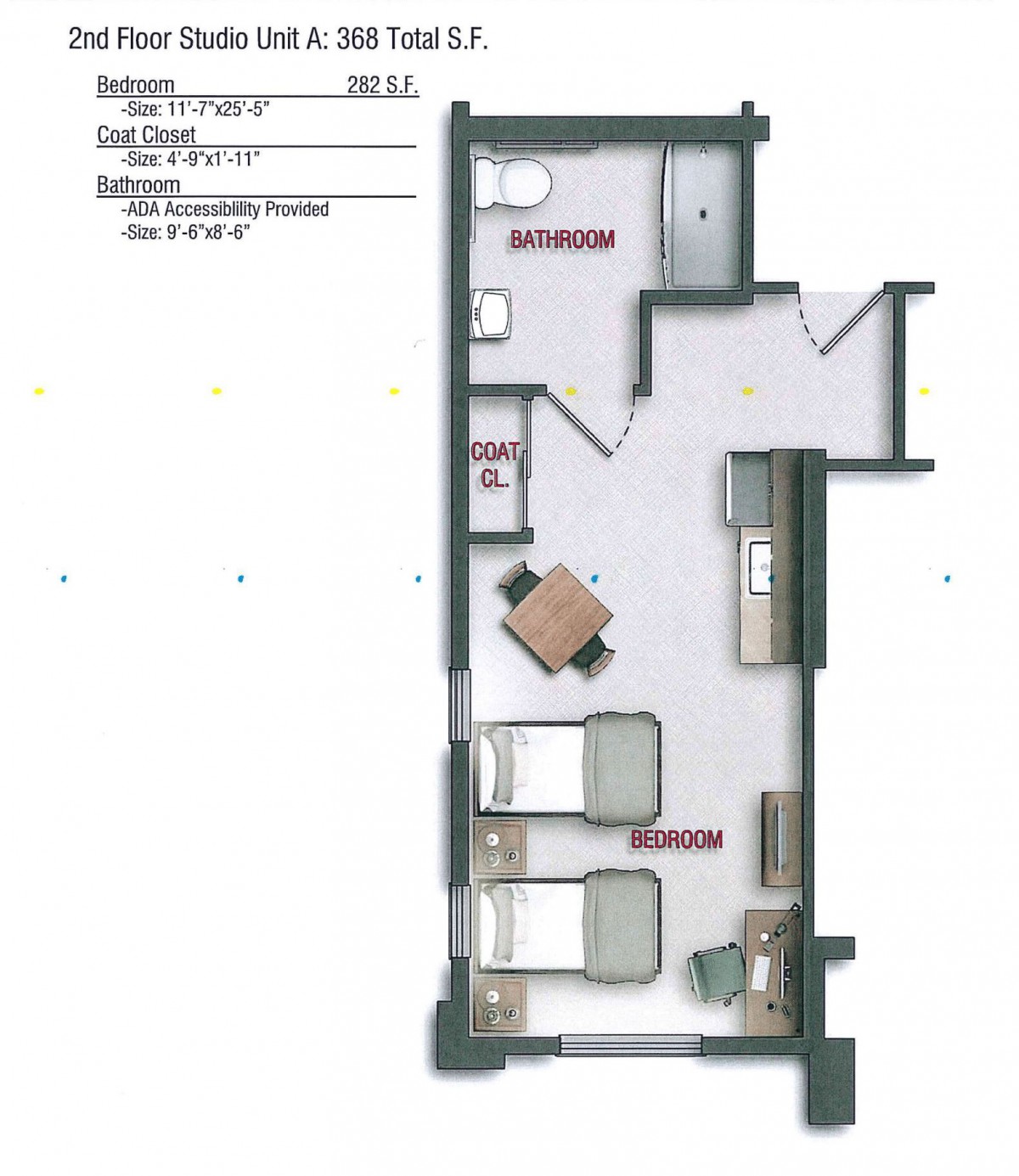 A detailed floor plan of an apartment featuring a living area, dining space, and sleeping quarters.