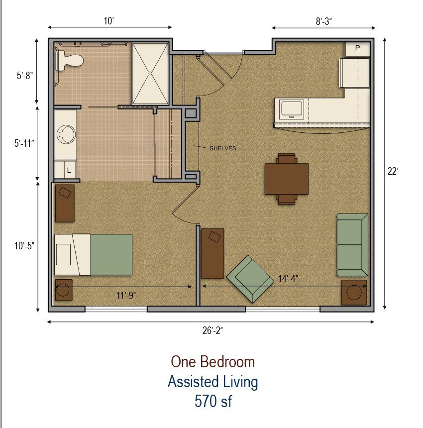 A floor plan of a one-bedroom assisted living apartment, measuring 570 square feet.