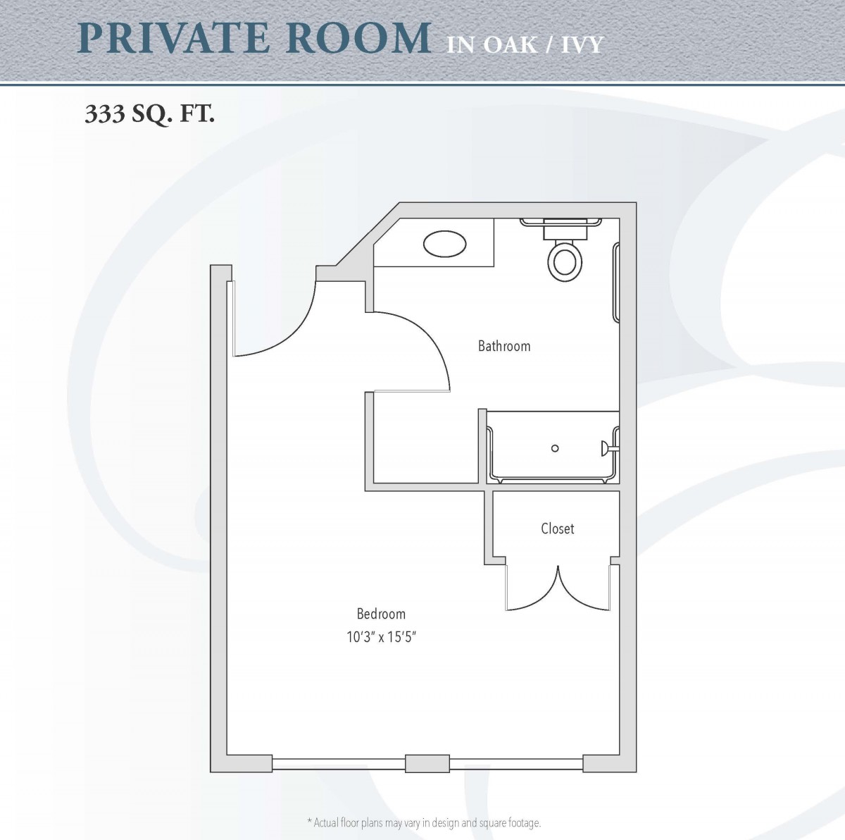 Floor plan of a private room with bathroom.