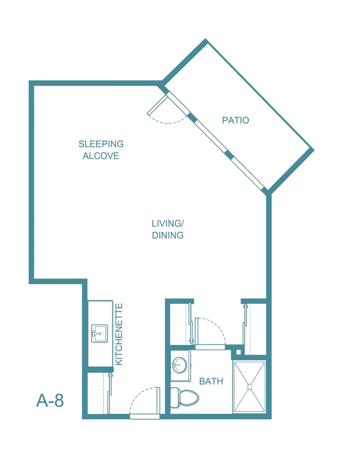 Floor plan of a studio apartment with a sleeping alcove, living/dining area, kitchen, bathroom, and patio.