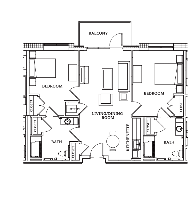 A detailed floor plan of a two-bedroom apartment with a balcony.