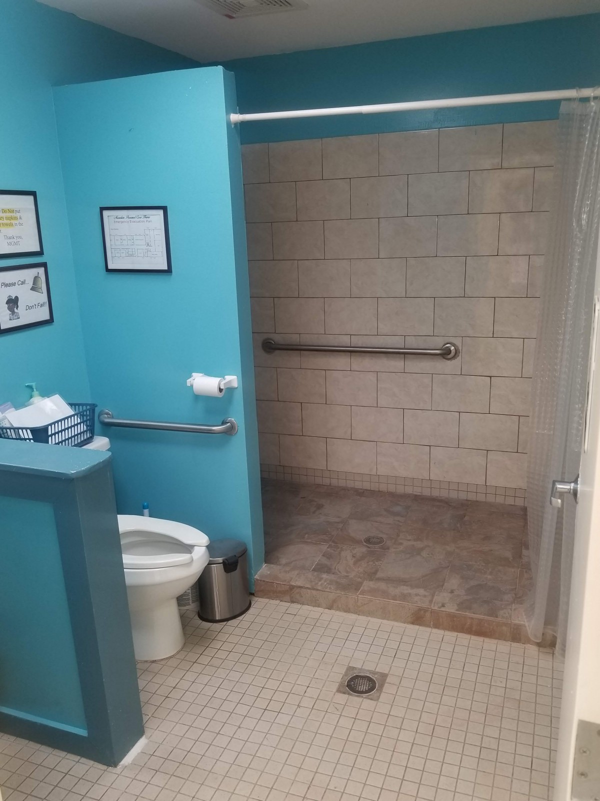 An accessible bathroom featuring a toilet and a walk-in shower with grab bars.