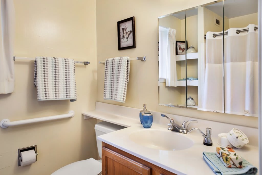 A well-organized bathroom with a sink, mirror, and neatly hung towels.