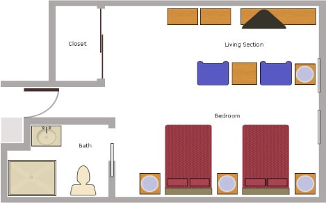 A floor plan illustrating the layout of an apartment, including a living section, bedroom, bath, and closet.
