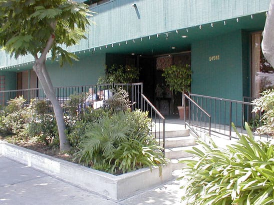 Entrance to a building with stairs and surrounding greenery.