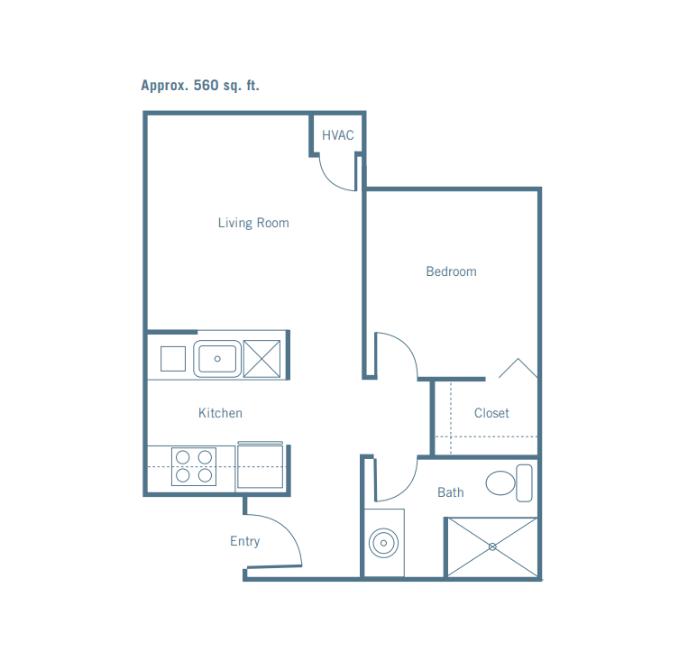 A simple one-bedroom apartment floor plan with a living room, kitchen, and bathroom.