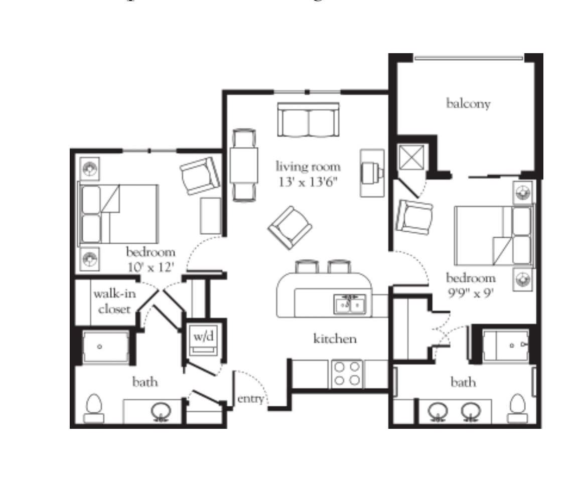 A floor plan of a two-bedroom apartment featuring a kitchen, living room, and two bathrooms.