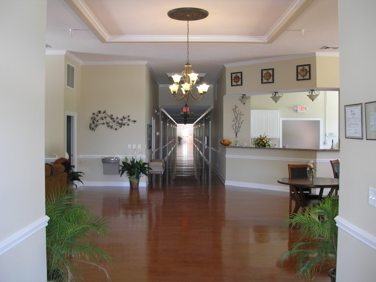 A spacious hallway with a chandelier and wooden flooring, adorned with plants and decorative elements.