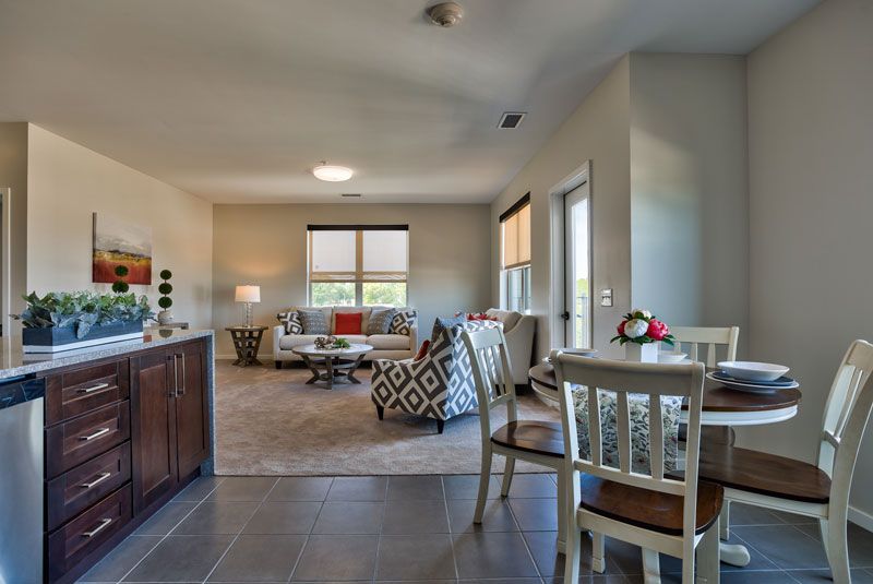 A modern open-concept living and dining area featuring comfortable seating and stylish decor.