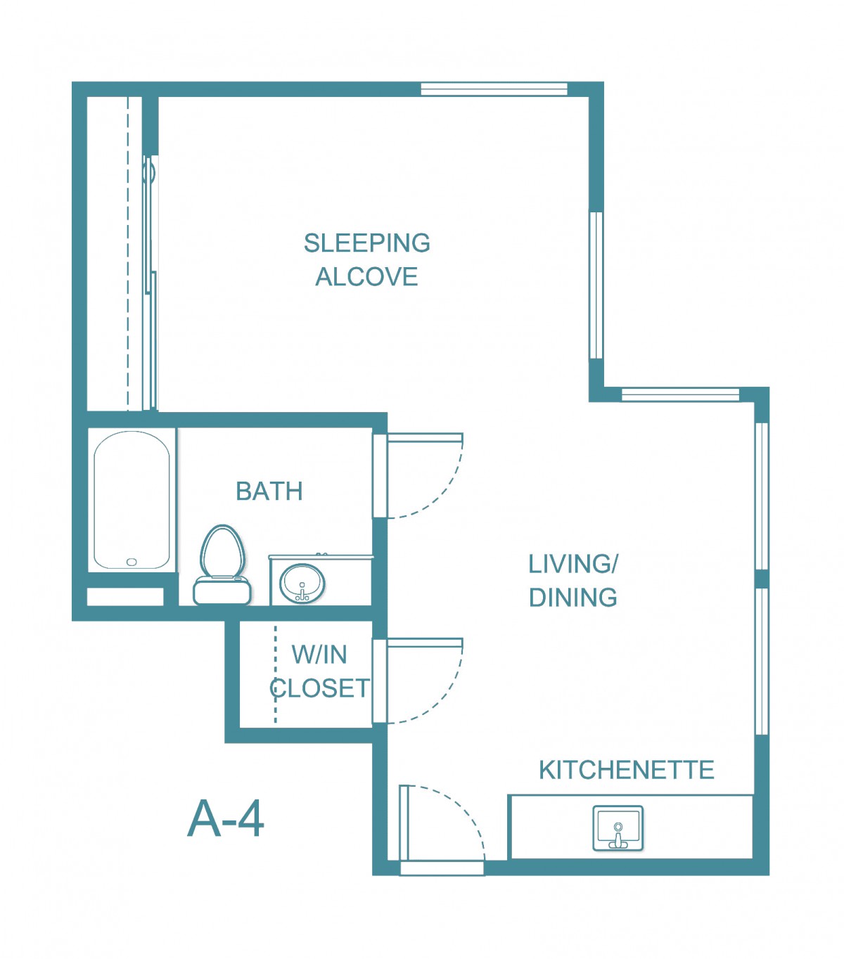 Studio apartment floor plan with sleeping alcove, living/dining area, kitchenette, bath, and walk-in closet.