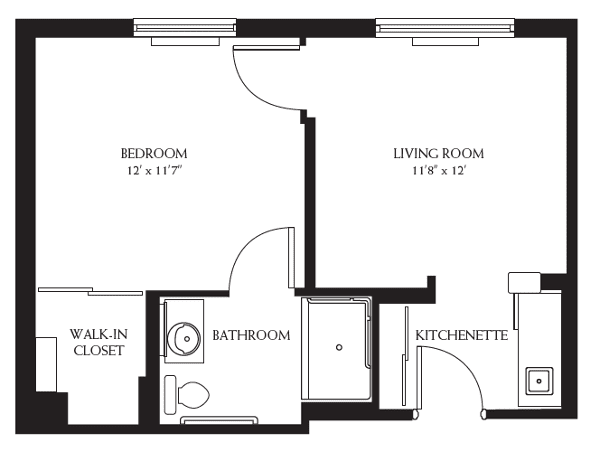 A floor plan depicting a one-bedroom apartment with a living room, kitchenette, bathroom, and walk-in closet.