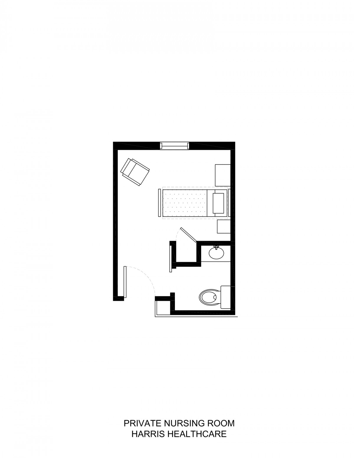 A simple floor plan of a small apartment with a bedroom area and bathroom.