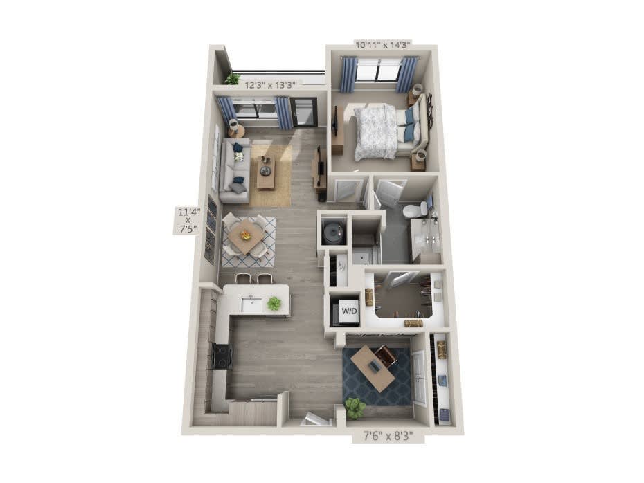 A 3D floor plan of a one-bedroom apartment layout featuring a kitchen, living area, and bathroom.