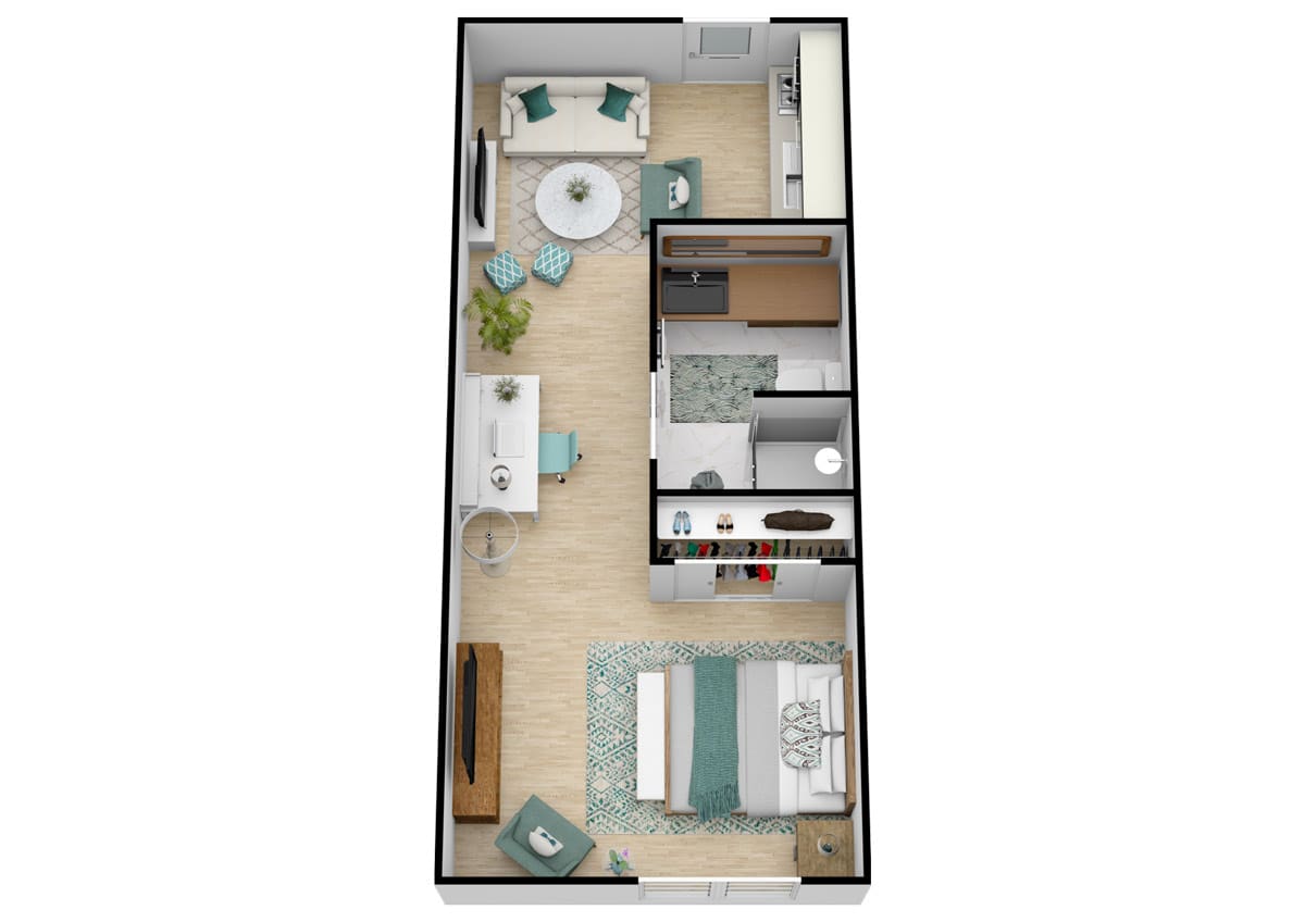A 3D floor plan of a one-bedroom apartment featuring an open concept design with a living area, kitchen, bathroom, and bedroom.