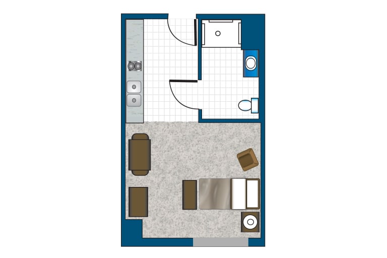 A floor plan of a compact studio apartment featuring a combined living and sleeping area, kitchenette, and bathroom.