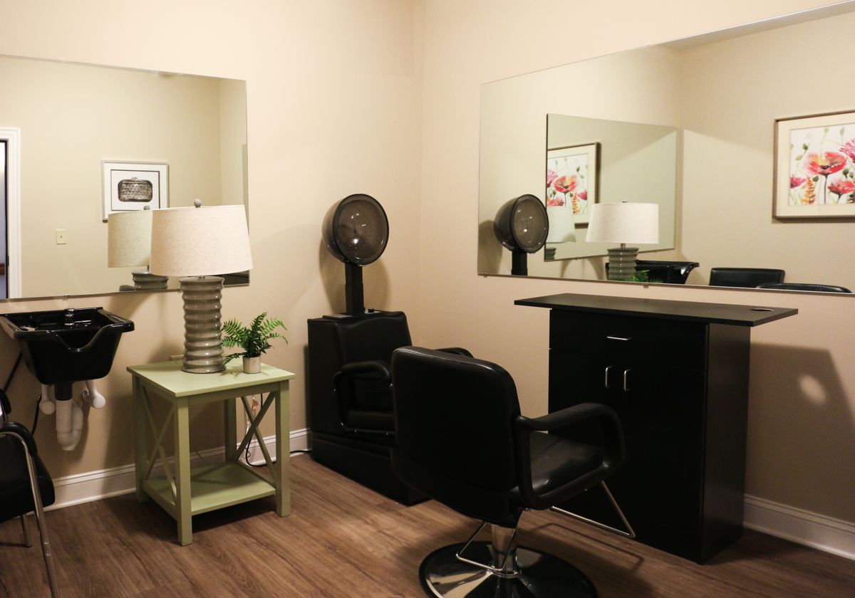 A cozy and stylish salon setup with a hair station, mirror, and decor.