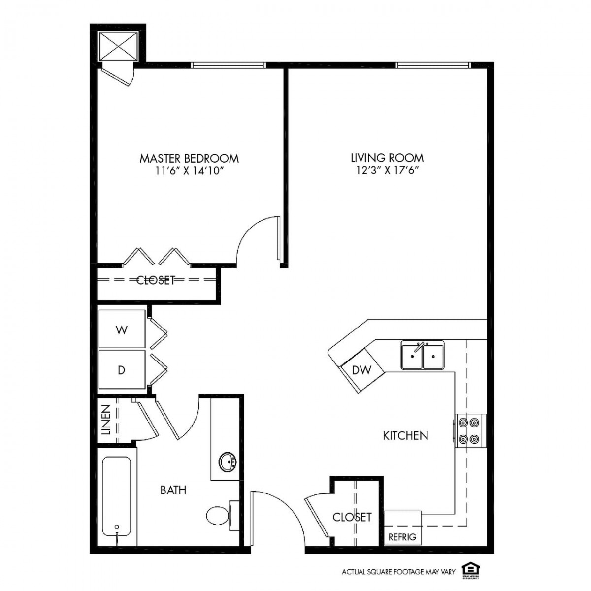 One-bedroom apartment floor plan with a kitchen and bathroom.