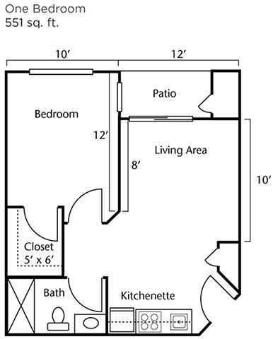 A floor plan of a one-bedroom apartment with labeled rooms and dimensions.
