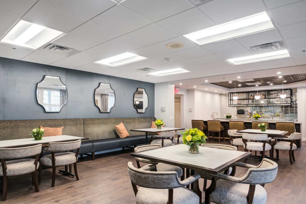 A modern lounge area with comfortable seating and stylish decor.