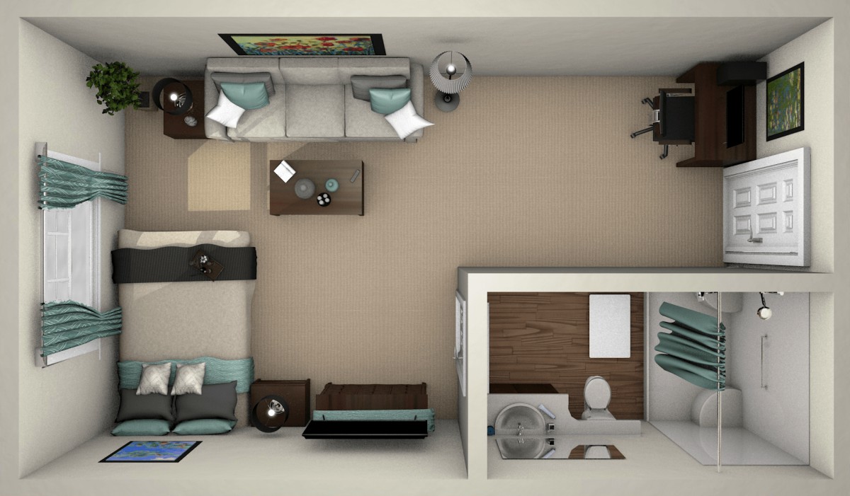 A top-down view of a compact apartment layout, featuring a living area, bedroom, and bathroom.