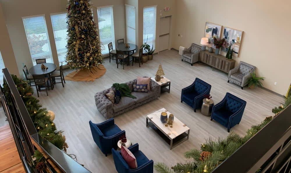 A beautifully decorated living room with a large Christmas tree, modern furniture, and a cozy atmosphere.