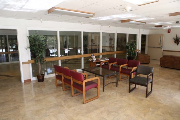 A quiet waiting room with seating arrangements and potted plants.