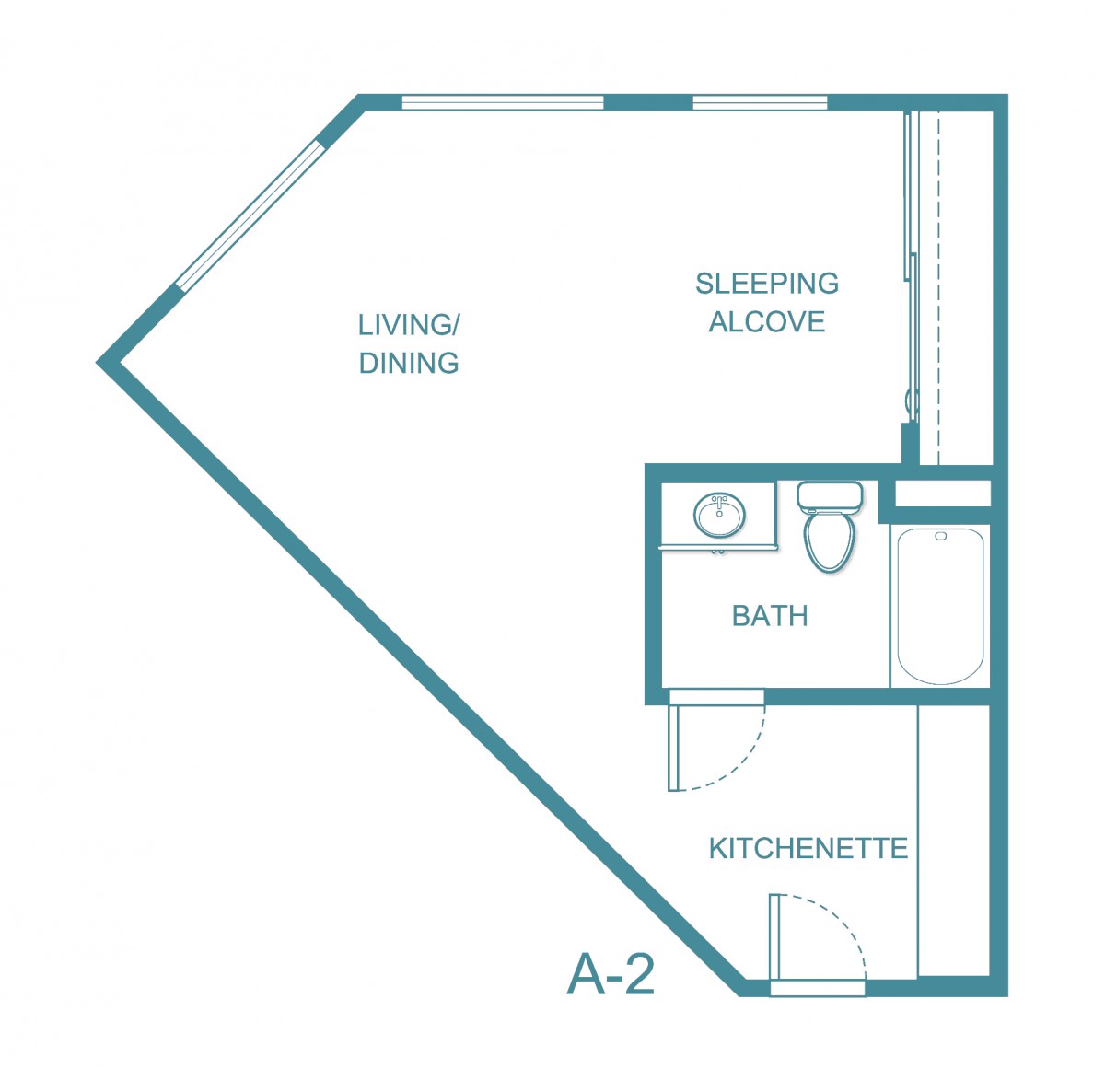 A floor plan of a studio apartment with areas designated for living/dining, a sleeping alcove, bath, and kitchenette.