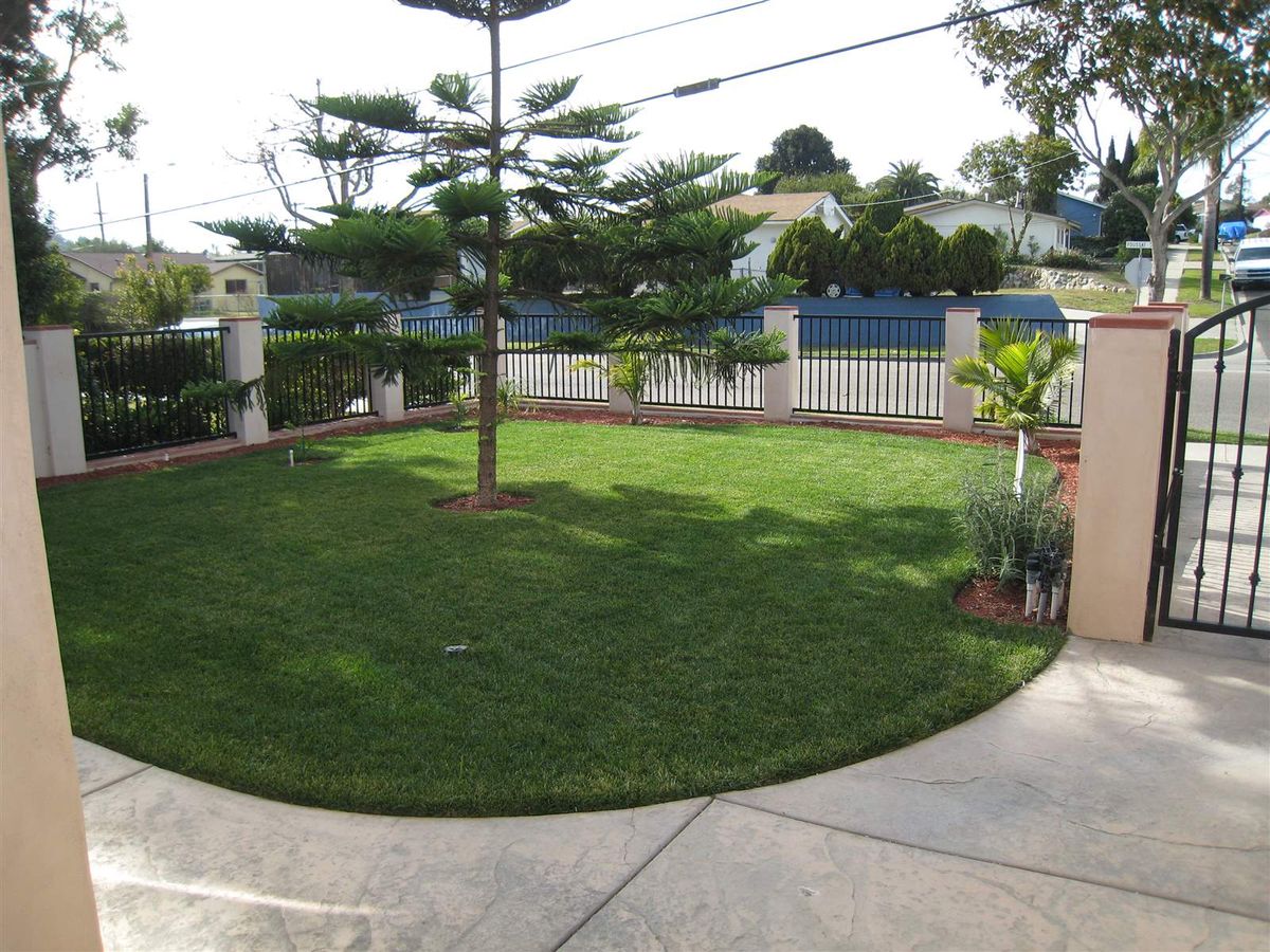 A well-maintained garden with a green lawn, tree, and white fence.