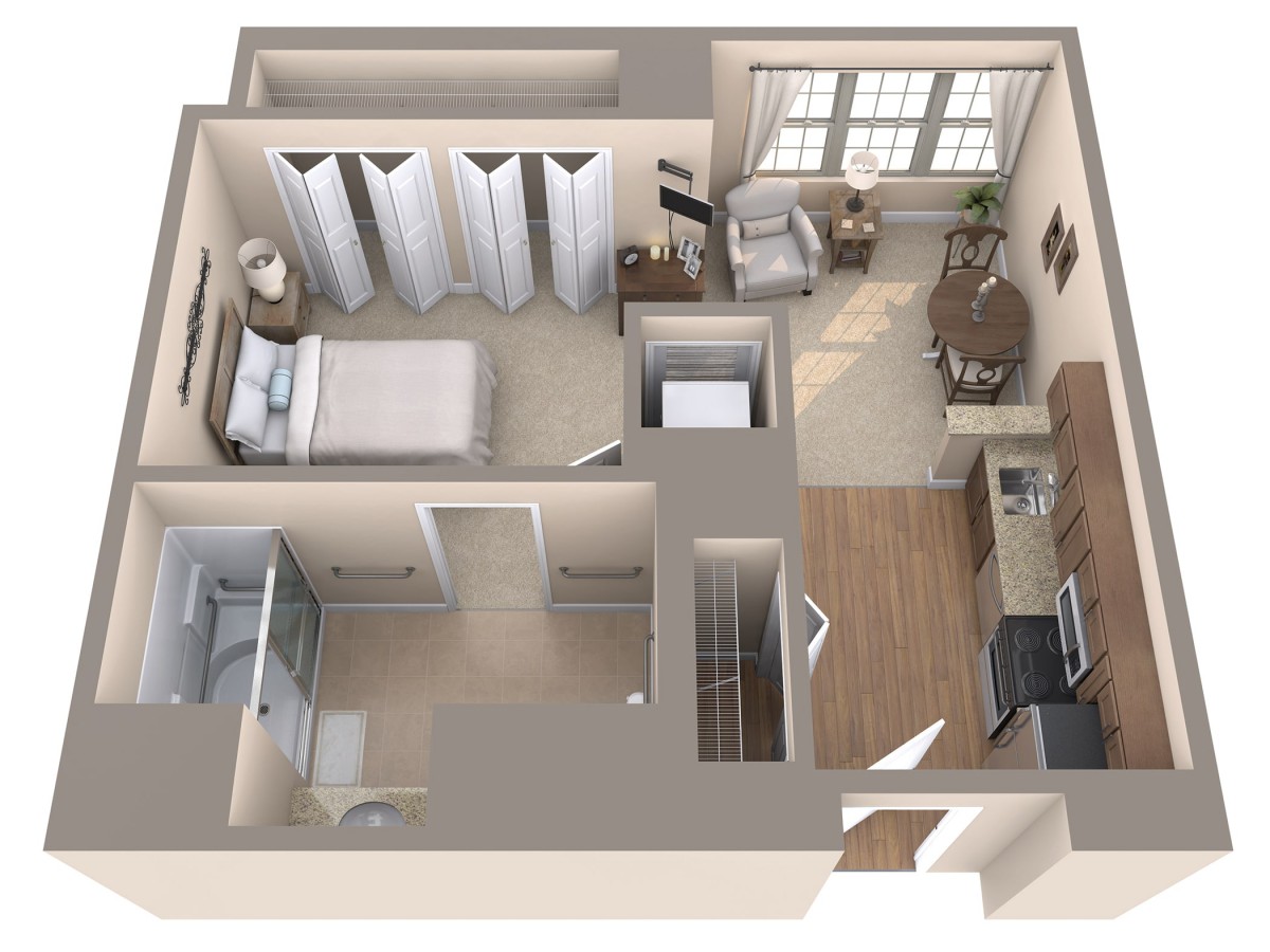 A 3D floor plan of a compact studio apartment featuring a bedroom, kitchen, living area, and bathroom.