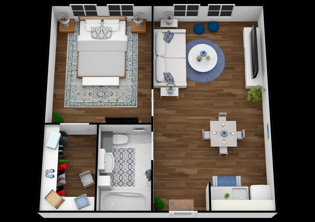 A detailed floor plan of a one-bedroom apartment featuring a living room, kitchen, bathroom, and bedroom.