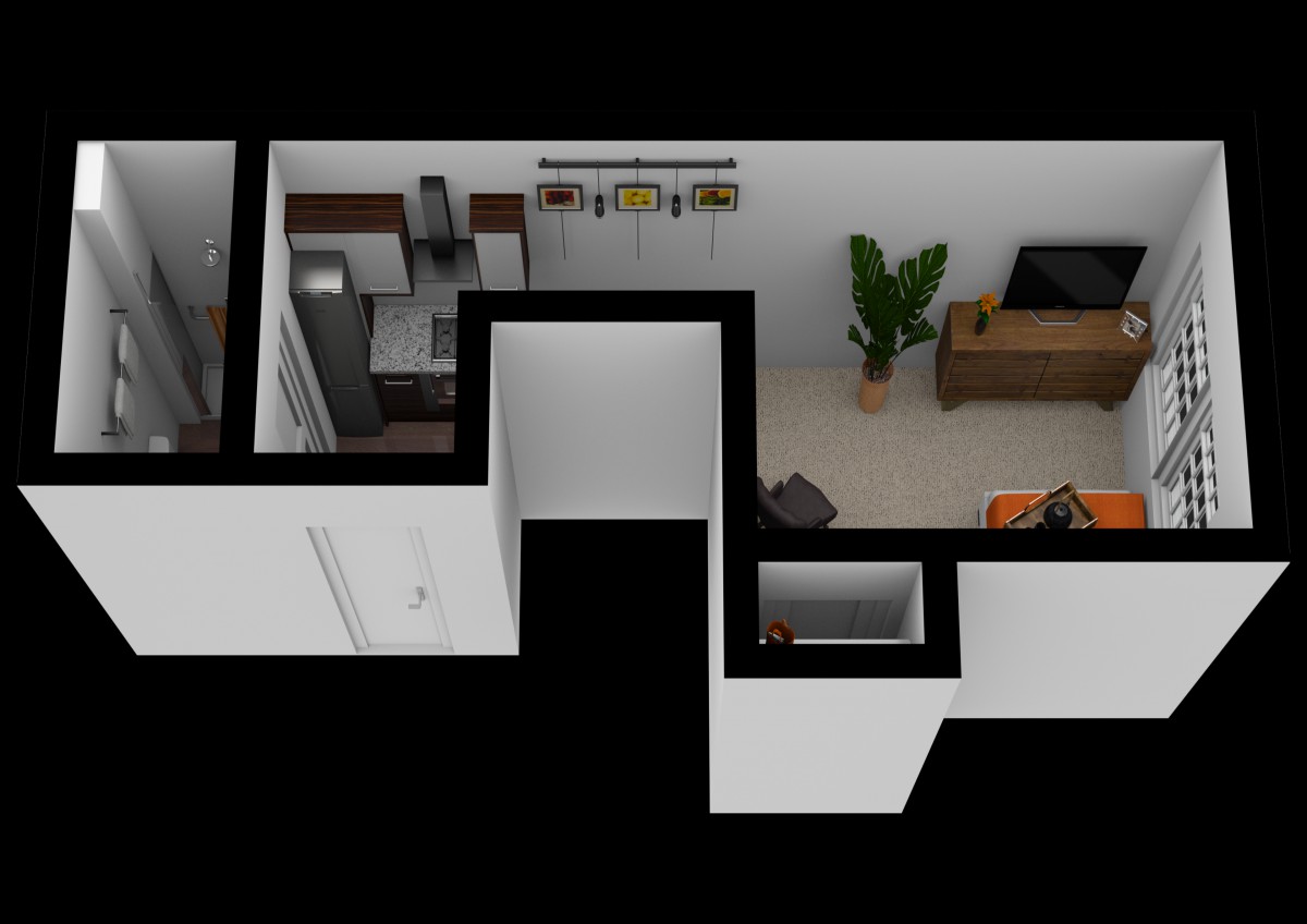 A 3D rendered floor plan of an apartment featuring a kitchen, living room, and additional spaces.