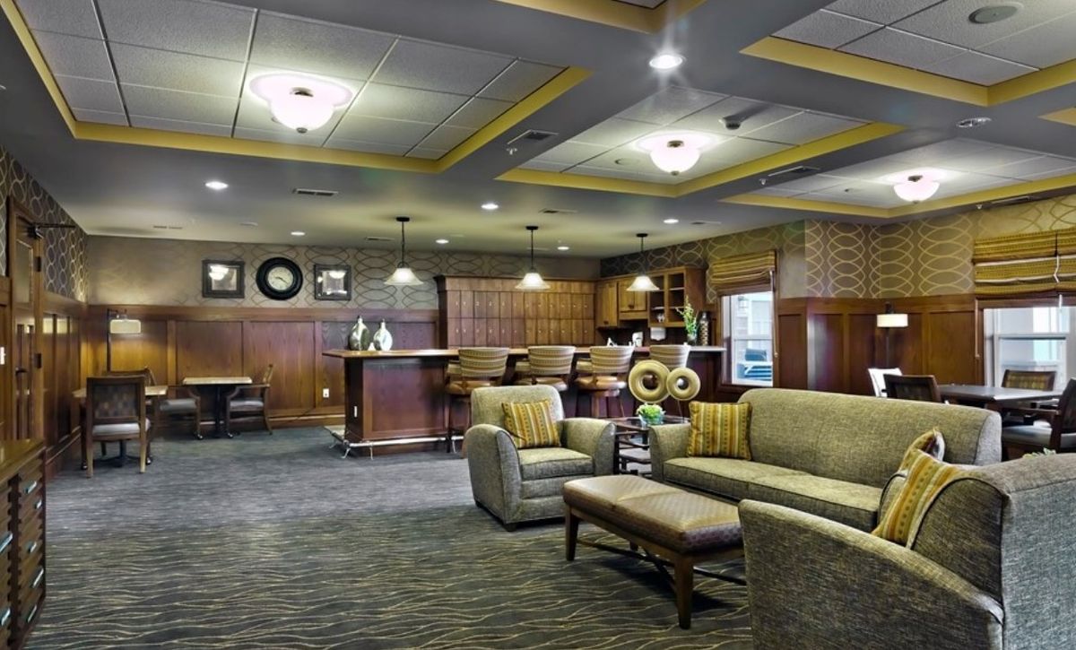 A modern lobby with comfortable seating and stylish interior design.
