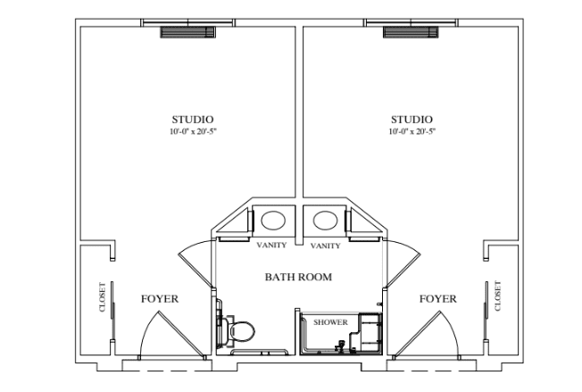 A detailed floor plan of an apartment, showing two bedrooms, shared bath room, and foyers.