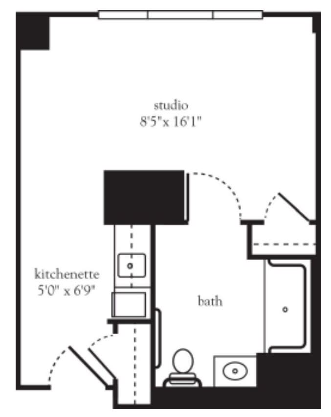 Blueprint of a studio apartment layout with kitchen and bath.