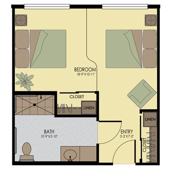 A floor plan of a small apartment with one bedroom, a bathroom, and closet space.
