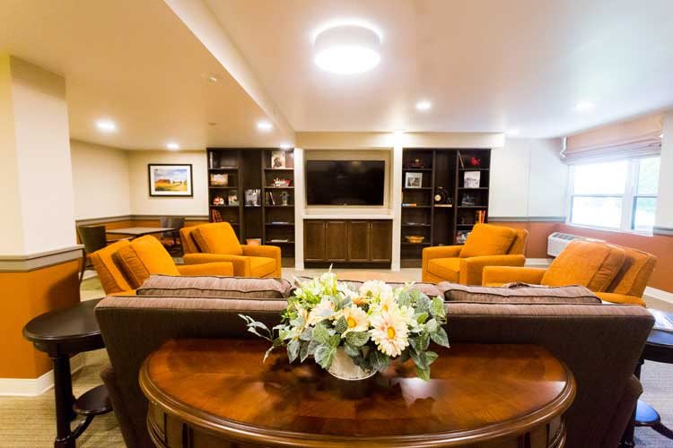 A cozy living room with comfortable seating, a television, and elegant decor.