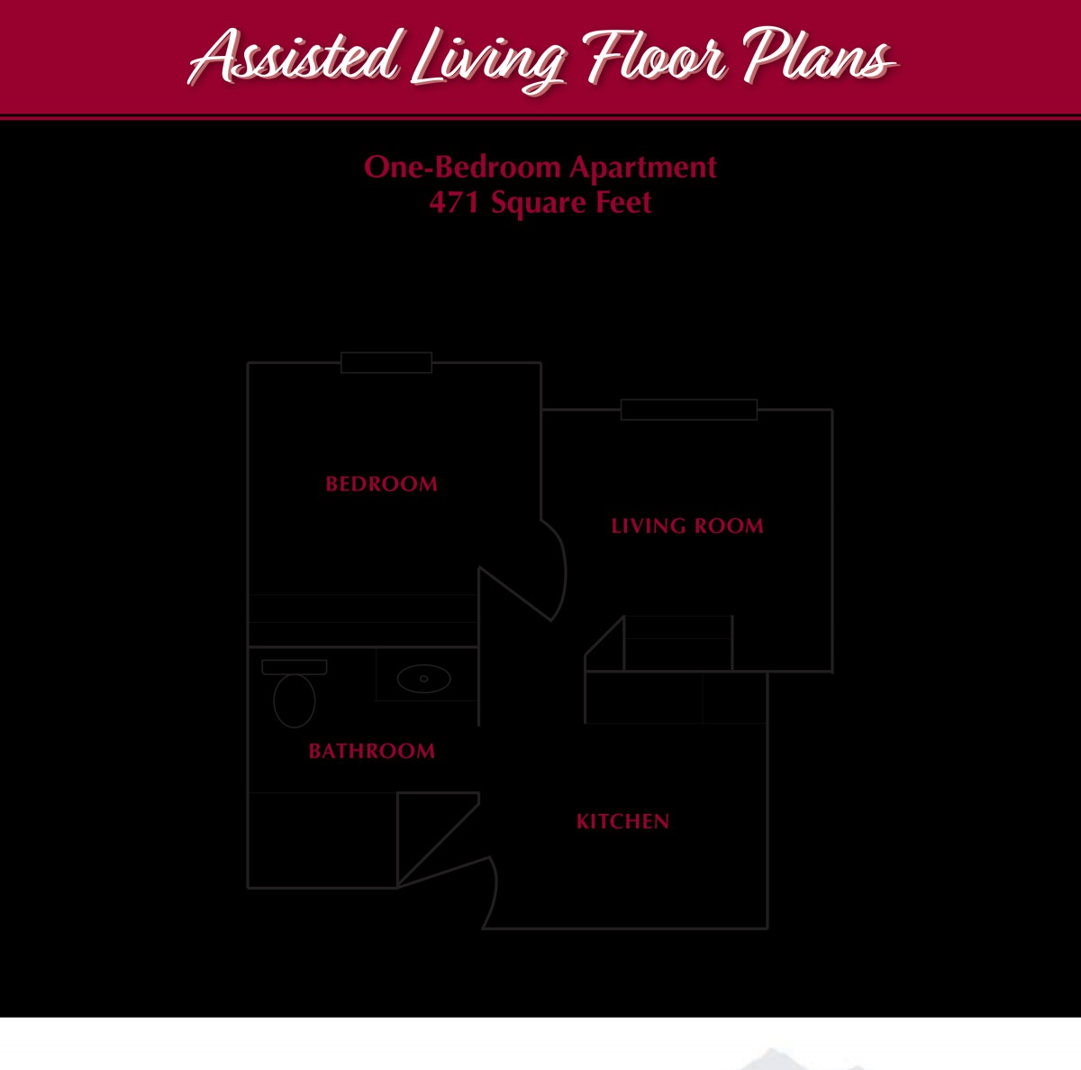 Assisted Living Floor Plan: One Bedroom Apartment - 411 Square Feet