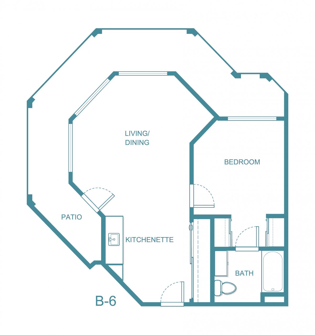 Apartment floor plan showing the layout of living, bedroom, kitchen, and bath areas.