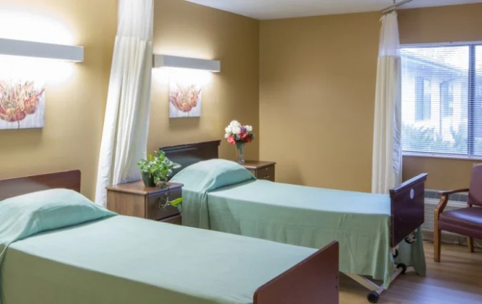 A hospital room with two neatly made beds and calming decor.