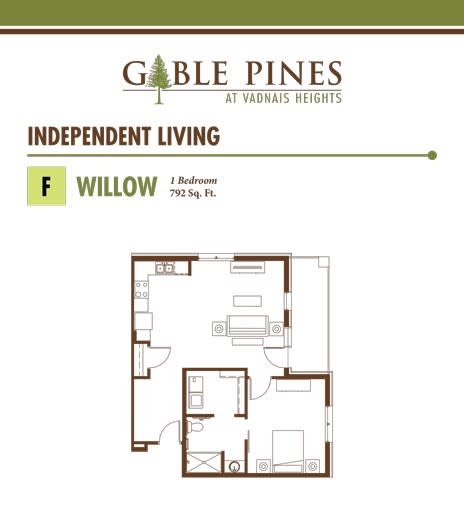 The image shows the floor plan for a 'Willow' one-bedroom apartment in Gable Pines independent living community.