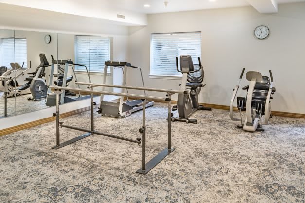 A well-equipped fitness room with exercise machines and a treadmill.