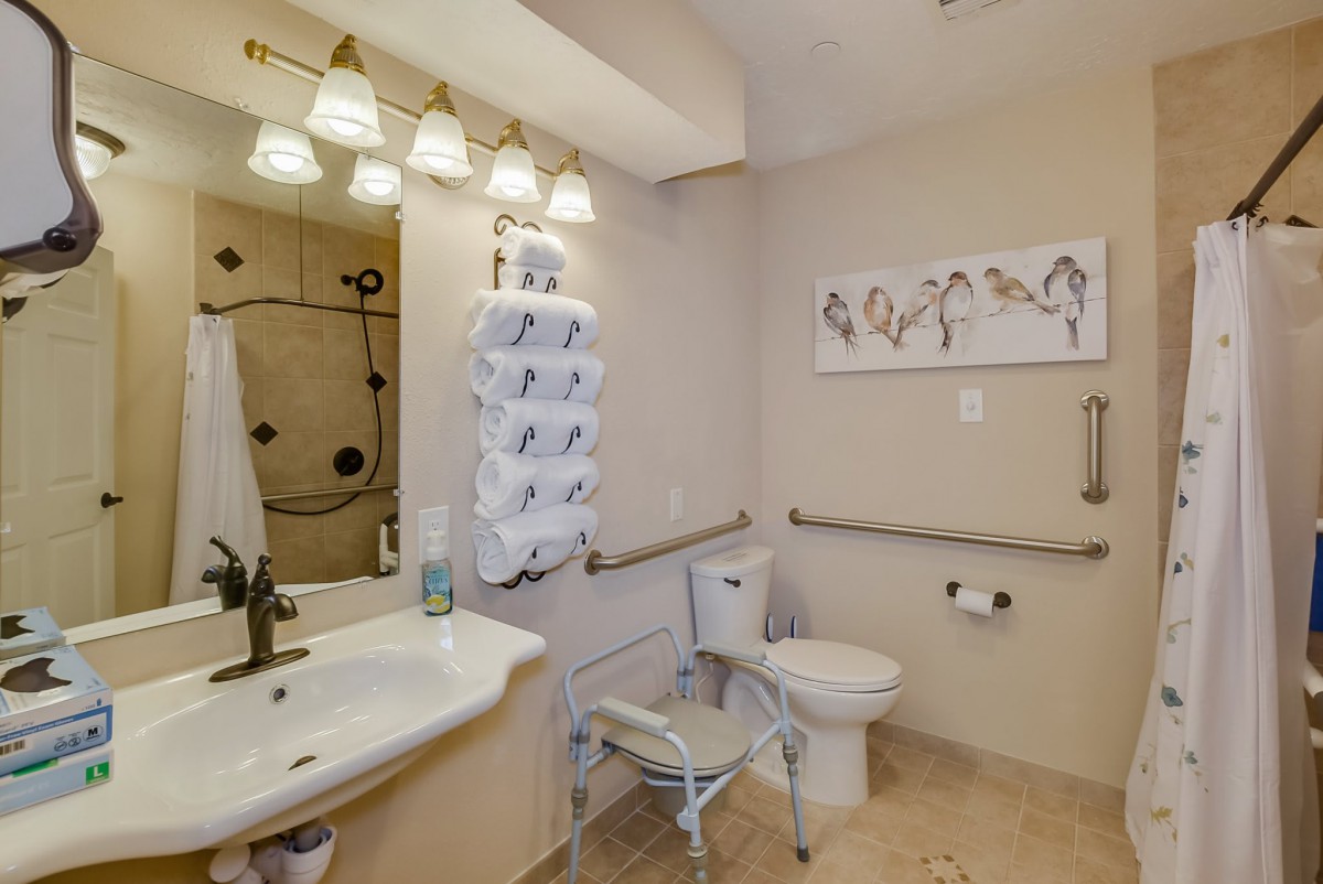 An accessible bathroom featuring a sink, toilet, grab bars, shower chair, and well-lit fixtures.