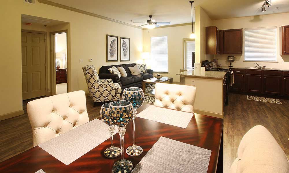 A modern apartment with a cozy living room and dining area in an open layout.