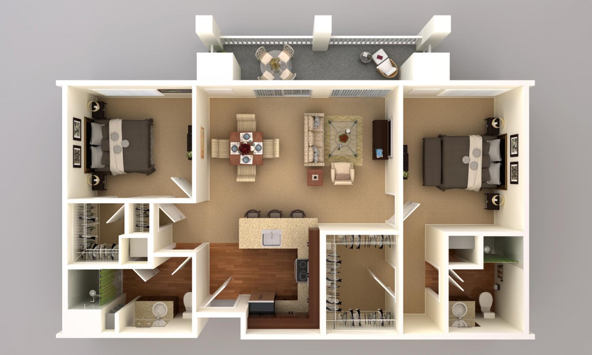 This is a top-down view of a modern apartment floor plan, showcasing the arrangement of rooms including a living area, kitchen, and bedrooms.