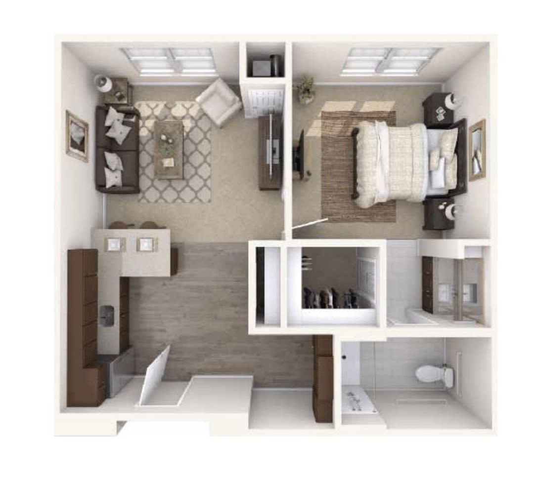 A modern one-bedroom apartment floor plan showcasing a living room, kitchen, and bathroom.