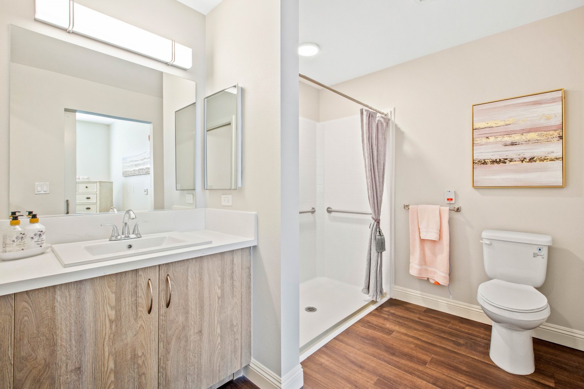 A modern bathroom featuring a sink with a mirror, a glass-enclosed shower, and wooden flooring.